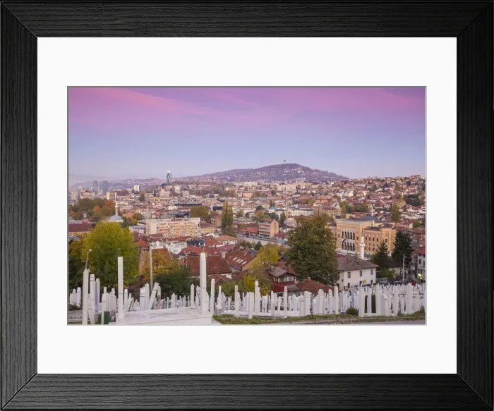 Framed Print : Bosnia and Herzegovina, Sarajevo, View of Alifakovac graveyard (where Muslim foreigners Framed Print : Bosnia and Herzegovina, Sarajevo, View of Alifakovac graveyard (where Muslim foreigners