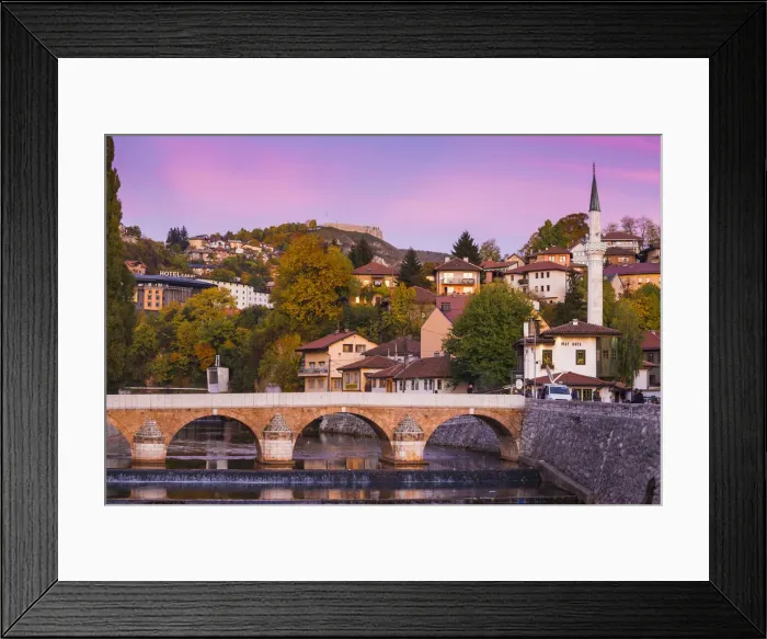 Framed Print : Bosnia and Herzegovina, Sarajevo, View towards Sehercehaja bridge, with Vratnik Citadel