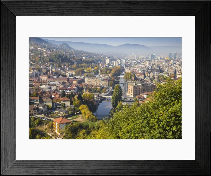Framed Print : Bosnia and Herzegovina, Sarajevo, View of city and Miljacka River