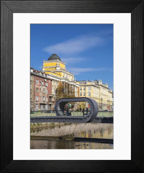Framed Print : Bosnia and Herzegovina, Sarajevo, Buildings on the banks of the Miljacka River Framed Print : Bosnia and Herzegovina, Sarajevo, Buildings on the banks of the Miljacka River