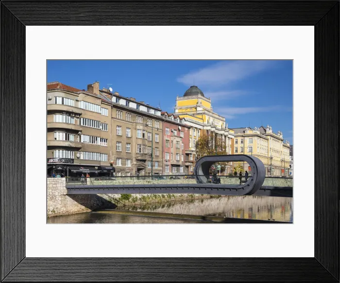 Framed Print : Bosnia and Herzegovina, Sarajevo, Buildings on the banks of the Miljacka River Framed Print : Bosnia and Herzegovina, Sarajevo, Buildings on the banks of the Miljacka River