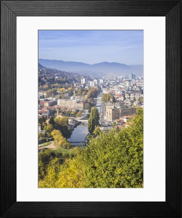 Framed Print : Bosnia and Herzegovina, Sarajevo, View of city and Miljacka River Framed Print : Bosnia and Herzegovina, Sarajevo, View of city and Miljacka River
