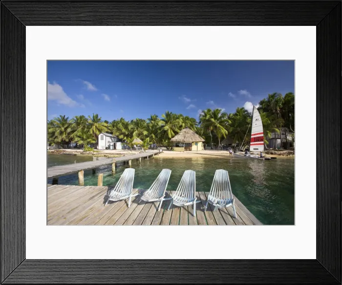 Framed Print : Belize, Tobaco Caye, Chairs on jetty Framed Print : Belize, Tobaco Caye, Chairs on jetty