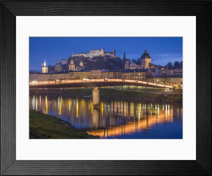 Framed Print : Austria, Salzburgerland, Salzburg, city view from the Salzach River, dusk Framed Print : Austria, Salzburgerland, Salzburg, city view from the Salzach River, dusk