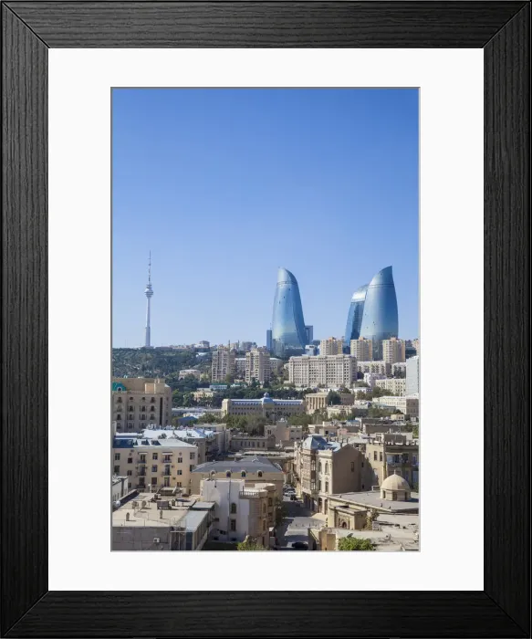 Framed Print : Azerbaijan, Baku, View of Old city, Flame Towers and TV Tower Framed Print : Azerbaijan, Baku, View of Old city, Flame Towers and TV Tower