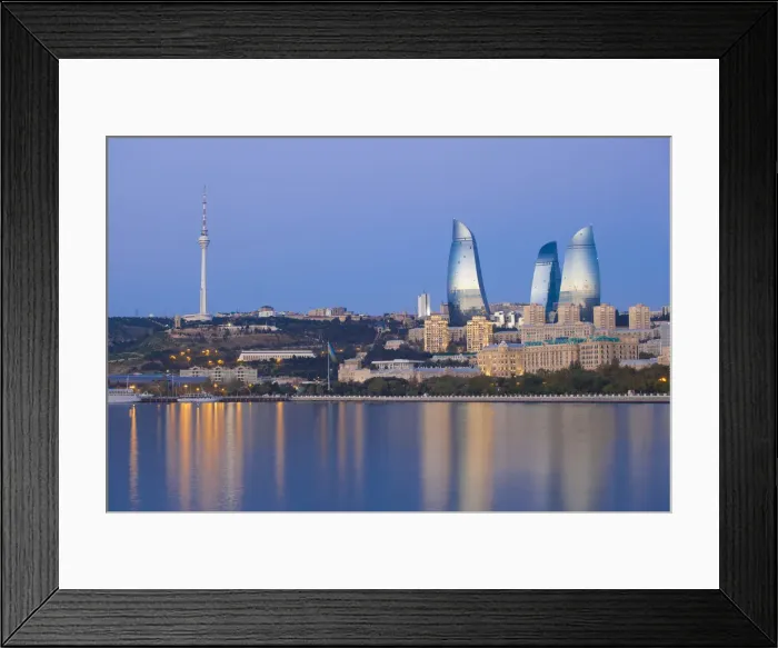 Framed Print : Azerbaijan, Baku, View of the Flame Towers reflecting in the Caspian Sea Framed Print : Azerbaijan, Baku, View of the Flame Towers reflecting in the Caspian Sea