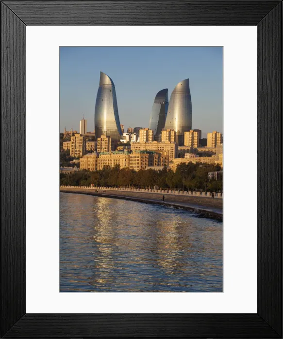 Framed Print : Azerbaijan, Baku, View of the Flame Towers reflecting in the Caspian Sea Framed Print : Azerbaijan, Baku, View of the Flame Towers reflecting in the Caspian Sea