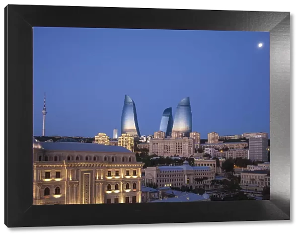 Azerbaijan, Baku, View of Flame Towers at dawn