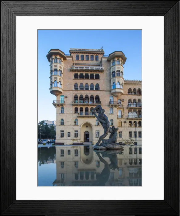 Framed Print : Azerbaijan, Baku, Residential building reflecting in Bharam fountain Framed Print : Azerbaijan, Baku, Residential building reflecting in Bharam fountain