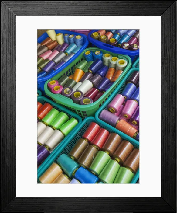 Framed Print : Myanmar (Burma), Yangon, Street Market, Display of Colourful Cotton Bobbins Framed Print : Myanmar (Burma), Yangon, Street Market, Display of Colourful Cotton Bobbins