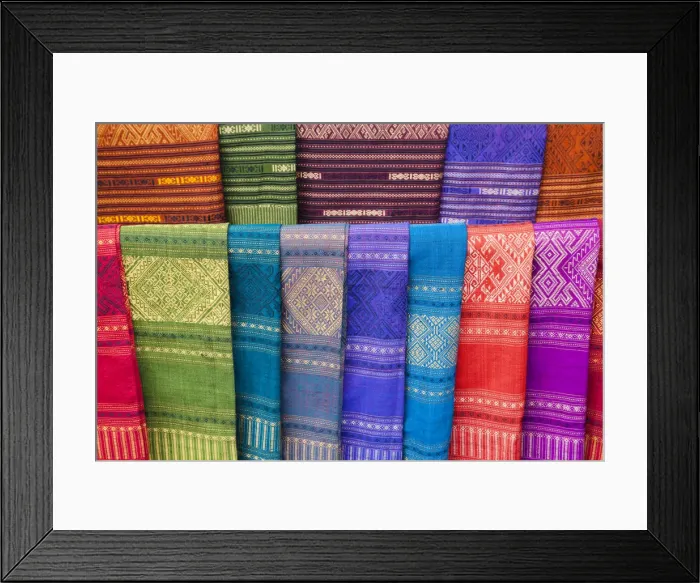 Framed Print : Laos, Luang Prabang, Ban Xang Hai Village, Display of Souvenir Silk Scarfs Framed Print : Laos, Luang Prabang, Ban Xang Hai Village, Display of Souvenir Silk Scarfs