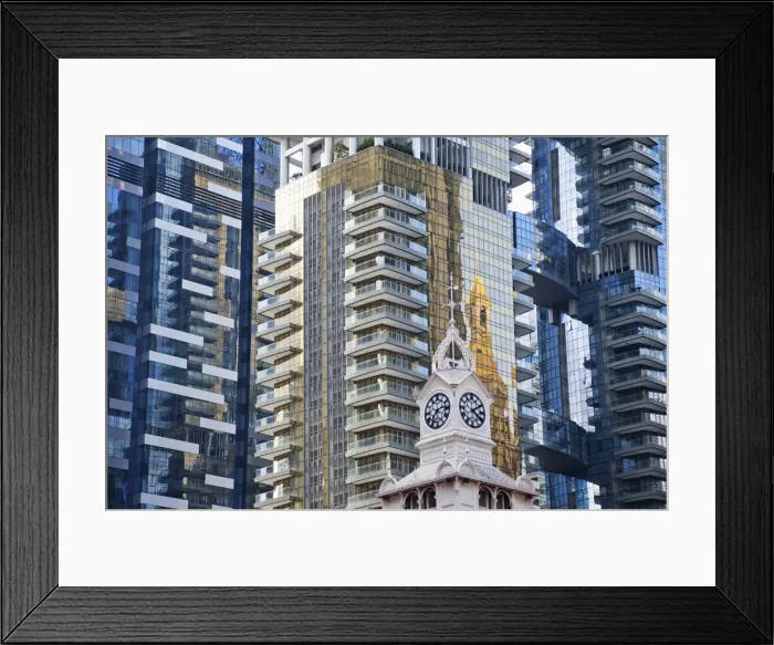 Framed Print : Singapore, Lau Pa Sat Festival Market Clock Tower and Modern Buildings Framed Print : Singapore, Lau Pa Sat Festival Market Clock Tower and Modern Buildings