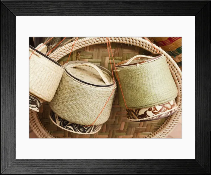 Framed Print : Laos, Vientiane, Basketware Street Vendors Display of Sticky Rice Containers Framed Print : Laos, Vientiane, Basketware Street Vendors Display of Sticky Rice Containers