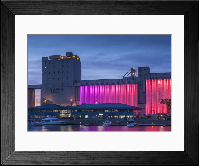 Framed Print : Canada, Quebec, Quebec City, Bassin Louise, grain silos lit at dusk