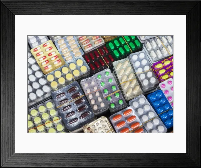 Framed Print : Copy drugs for sale in market, Myanmar, (Burma) Framed Print : Copy drugs for sale in market, Myanmar, (Burma)