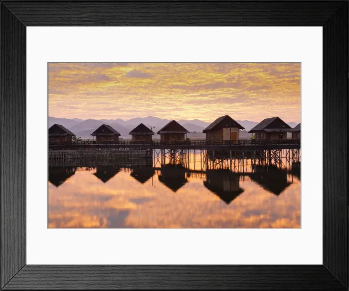 Framed Print : Sunrise & hotel cabins over Inle Lake, Inle, Shan State, Myanmar (Burma) Framed Print : Sunrise & hotel cabins over Inle Lake, Inle, Shan State, Myanmar (Burma)