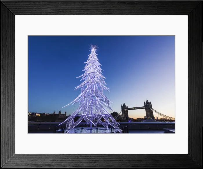 Framed Print : England, London, Southwark, London Bridge City, Christmas Tree and Tower Bridge