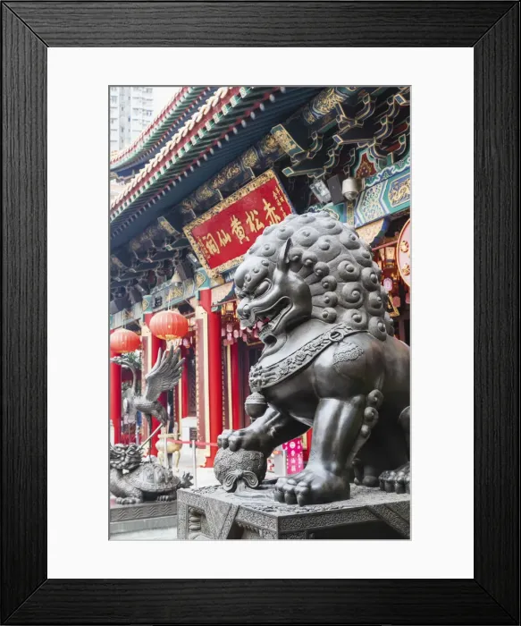 Framed Print : China, Hong Kong, Kowloon, Wong Sai Tin Temple, Lion Statue