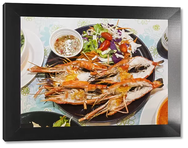 Thailand, Bangkok, Khaosan Road, Seafood Restaurant Plate of Grilled Prawns