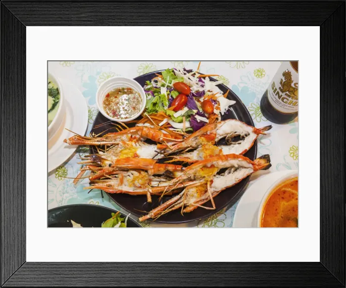 Framed Print : Thailand, Bangkok, Khaosan Road, Seafood Restaurant Plate of Grilled Prawns Framed Print : Thailand, Bangkok, Khaosan Road, Seafood Restaurant Plate of Grilled Prawns