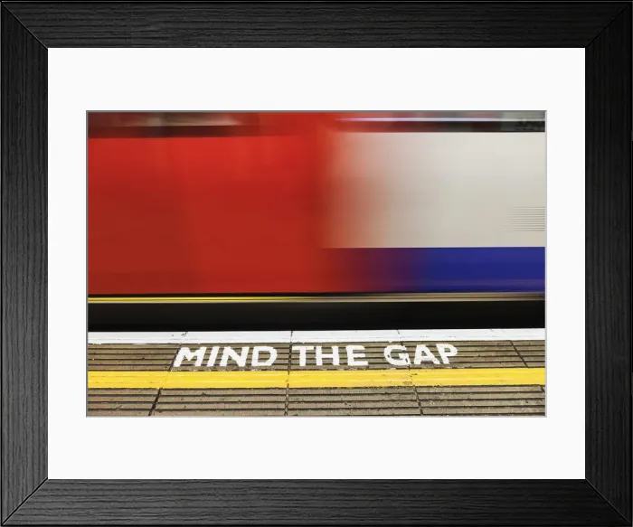 Framed Print : England, London, The Underground, Mind the Gap Sign and Moving Train Framed Print : England, London, The Underground, Mind the Gap Sign and Moving Train
