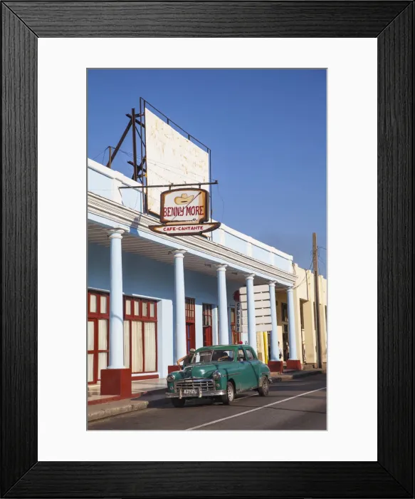 Framed Print : Cuba, Cienfuegos, Paseo Del Prado, Vintage taxi outside Cafe Cantante Benny More Framed Print : Cuba, Cienfuegos, Paseo Del Prado, Vintage taxi outside Cafe Cantante Benny More