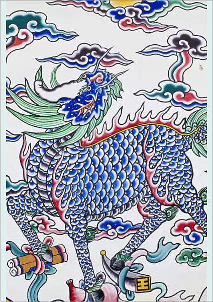 Taiwan, Taipei, Painted Chinese unicorn at on wall of Confucius Temple