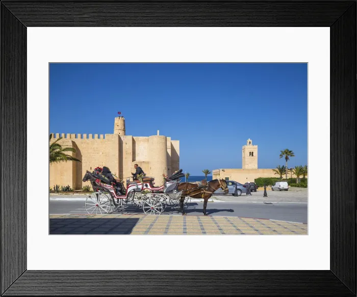 Framed Print : Tunisia, Monastir, Horse and cart ouside Fort