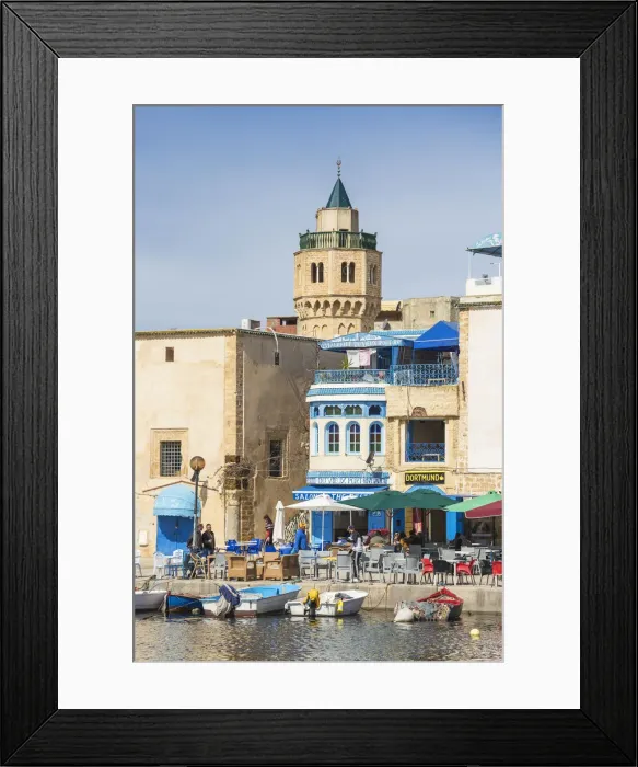 Framed Print : Tunisia, Bizerte, Cafes and Kasbah mosque at the old port