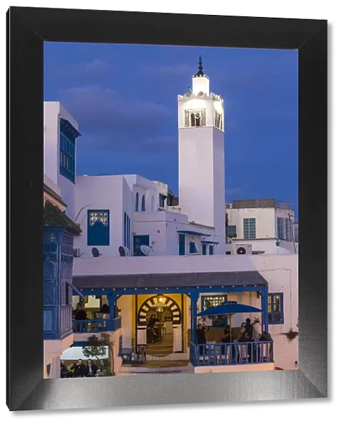 Tunisia, Sidi Bou Said, View of Cafe El Alia and Sidi Bou Said Mosque