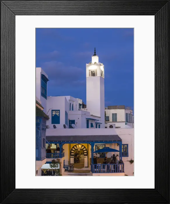 Framed Print : Tunisia, Sidi Bou Said, View of Cafe El Alia and Sidi Bou Said Mosque Framed Print : Tunisia, Sidi Bou Said, View of Cafe El Alia and Sidi Bou Said Mosque