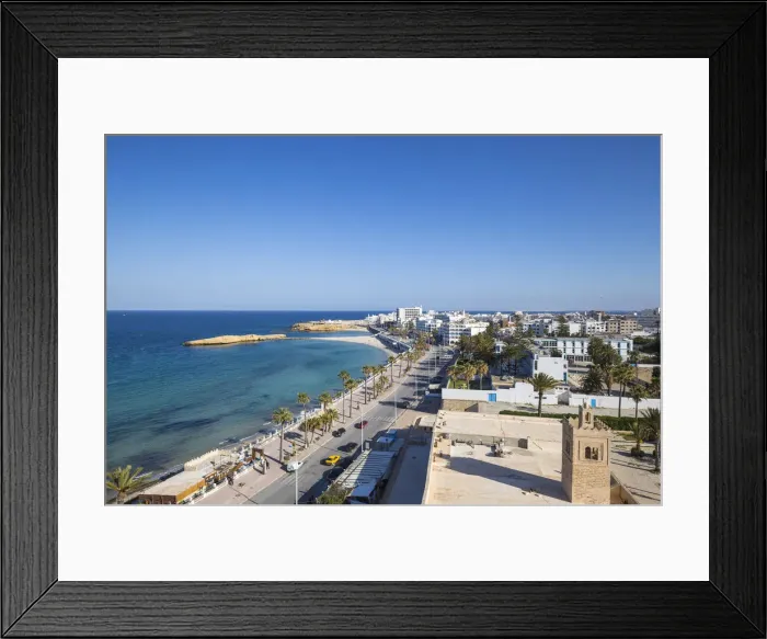 Framed Print : Tunisia, Monastir, View of corniche and Mosque minaret Framed Print : Tunisia, Monastir, View of corniche and Mosque minaret