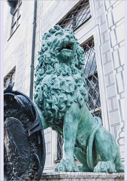 Germany, Bavaria, Munich, Lion Statue at The Residence Entrance