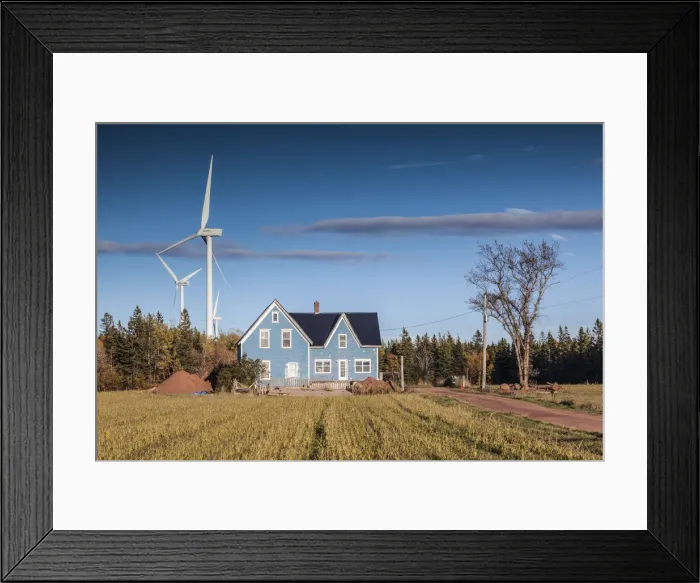 Framed Print : Canada, Prince Edward Island, West Cape, farmhouse and wind turbines