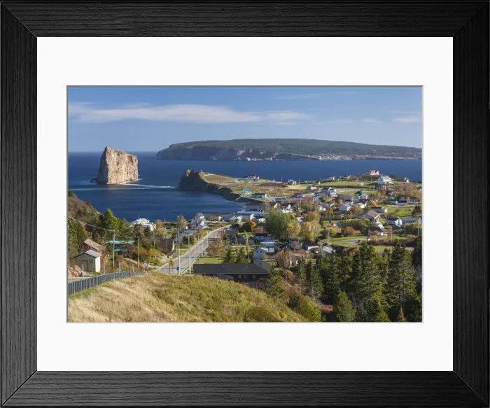 Framed Print : Canada, Quebec, Gaspe Peninsula, Perce, elevated view of town and Perce Rock from Rt 132 Framed Print : Canada, Quebec, Gaspe Peninsula, Perce, elevated view of town and Perce Rock from Rt 132