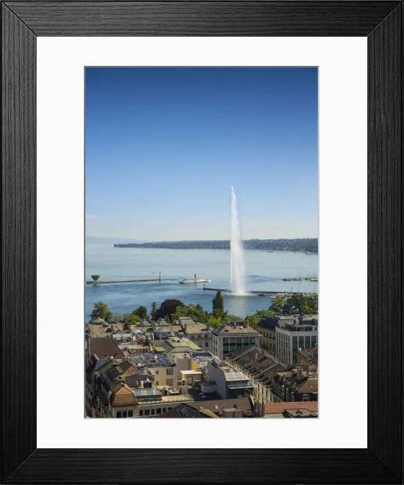 Framed Print : Jet d eau on Lake Geneva and city skyline, Geneva, Switzerland Framed Print : Jet d eau on Lake Geneva and city skyline, Geneva, Switzerland