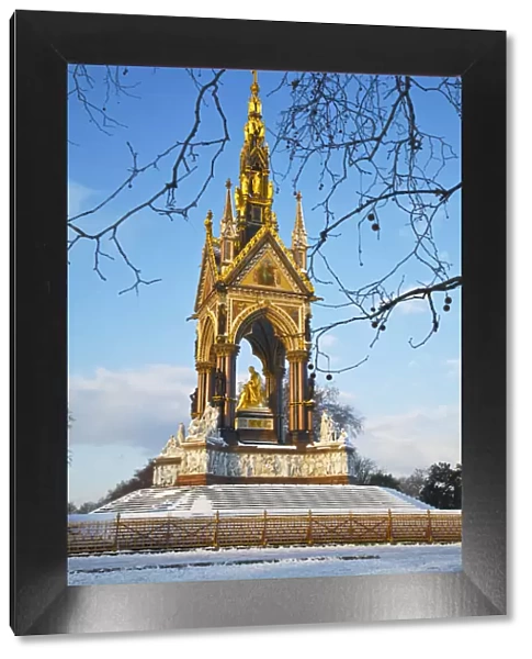 England, London, Kensington, Kensington Gardens, Albert Memorial on a snowy day