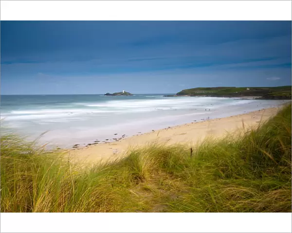 UK, Cornwall, St Ives Bay, Hayle-Gwithian Towans, Godrevy Lighthouse in distance