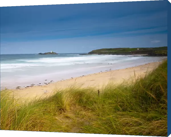 UK, Cornwall, St Ives Bay, Hayle-Gwithian Towans, Godrevy Lighthouse in distance