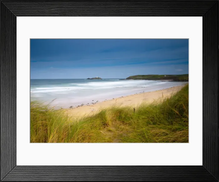 Framed Print : UK, Cornwall, St Ives Bay, Hayle-Gwithian Towans, Godrevy Lighthouse in distance