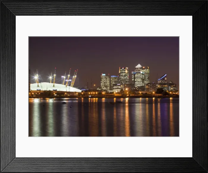 Framed Print : England, London, Newham, O2 Arena and Canary Wharf buildings reflecting in Royal Victoria Framed Print : England, London, Newham, O2 Arena and Canary Wharf buildings reflecting in Royal Victoria