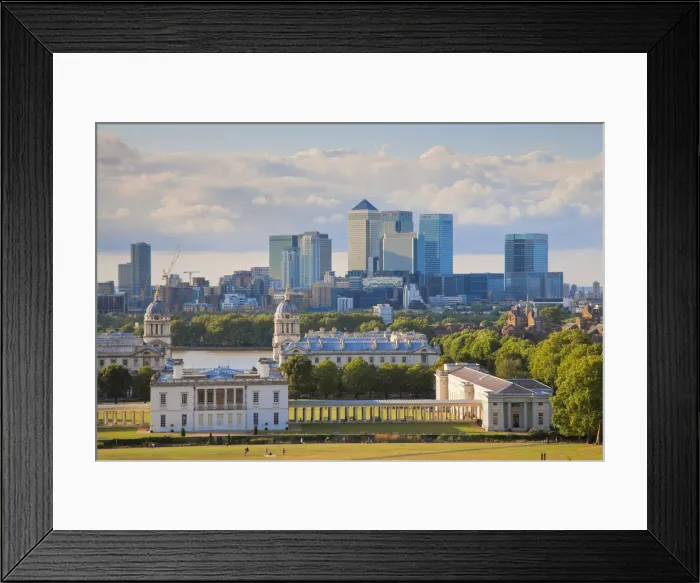 Framed Print : England, London, Greenwhich, Old Royal Naval College and Canary Wharf beyond