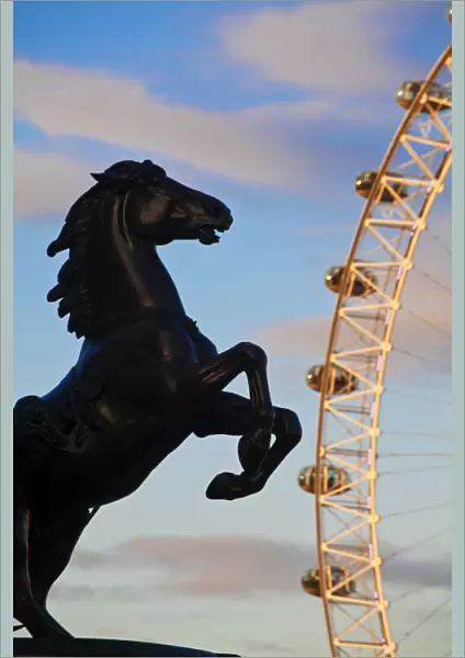 England, London, Westminster, London Eye and Horse from Boadicea Statue