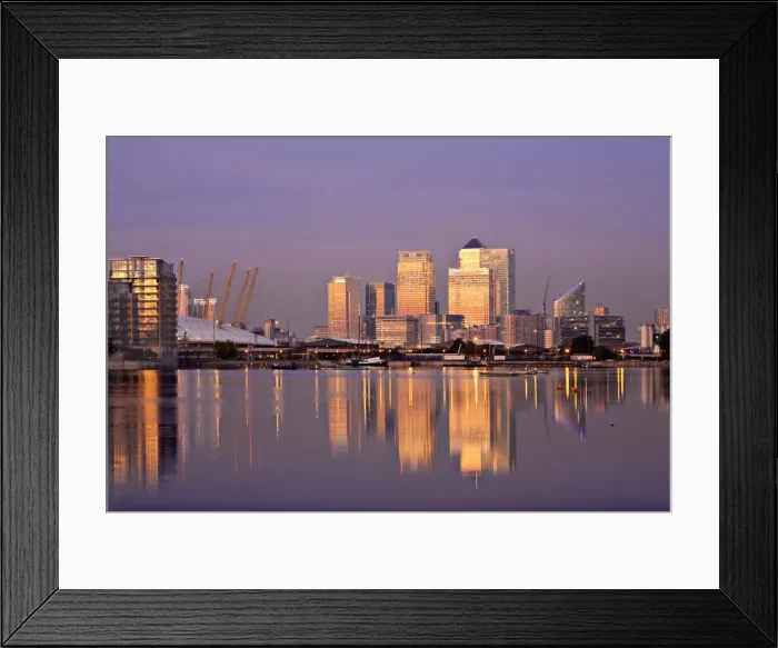 Framed Print : England, London, Newham, Royal Victoria Docks, Canary Wharf buildings and O2 Arena
