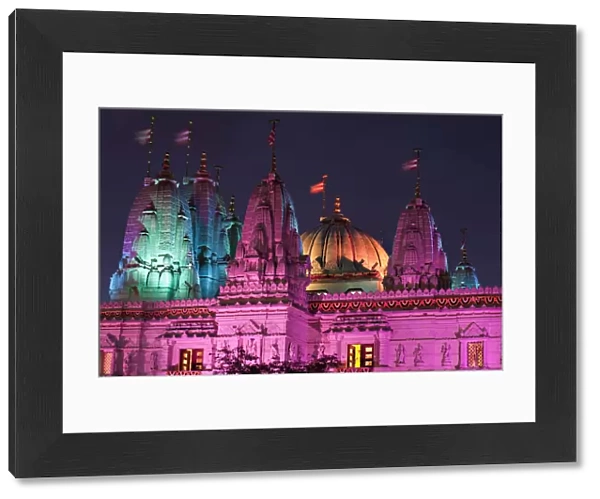 England, London, Neasdon, Shri Swaminarayan Mandir Temple illuminated for Hindu Festival