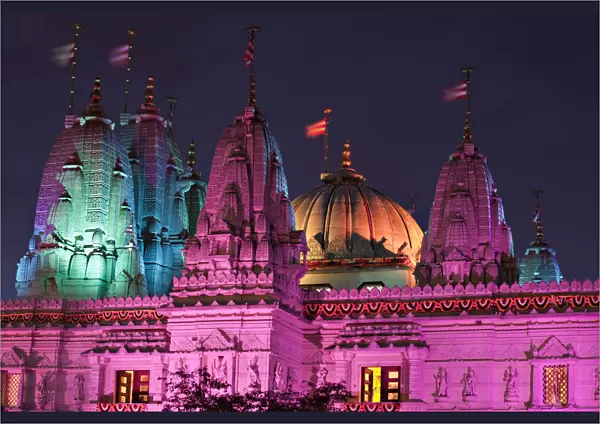 England, London, Neasdon, Shri Swaminarayan Mandir Temple illuminated for Hindu Festival