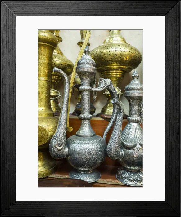 Framed Print : Old metal jugs in a Souk, Dubai, United Arab Emirates Framed Print : Old metal jugs in a Souk, Dubai, United Arab Emirates
