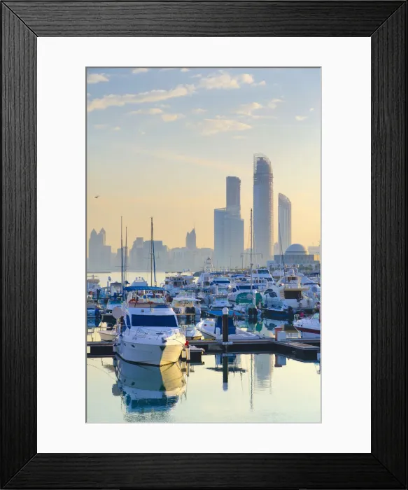 Framed Print : United Arab Emirates, Abu Dhabi, City Skyline from Abu Dhabi International Marine Framed Print : United Arab Emirates, Abu Dhabi, City Skyline from Abu Dhabi International Marine