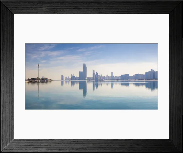Framed Print : United Arab Emirates, Abu Dhabi, View of City skyline reflecting in Persian Gulf Framed Print : United Arab Emirates, Abu Dhabi, View of City skyline reflecting in Persian Gulf