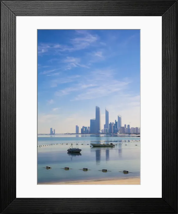 Framed Print : United Arab Emirates, Abu Dhabi, View of City skyline reflecting in Persian Gulf Framed Print : United Arab Emirates, Abu Dhabi, View of City skyline reflecting in Persian Gulf